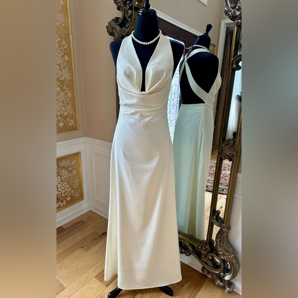 PrettyLittleThing Satin Soft Cream Cowl Neck Backless Cross Maxi Dress Size 4